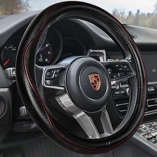 HAOKAY Top Grade Black Genuine Leather Steering Wheel Cover Women Men, Luxury by HAOKAYAUTOPRODUCTS