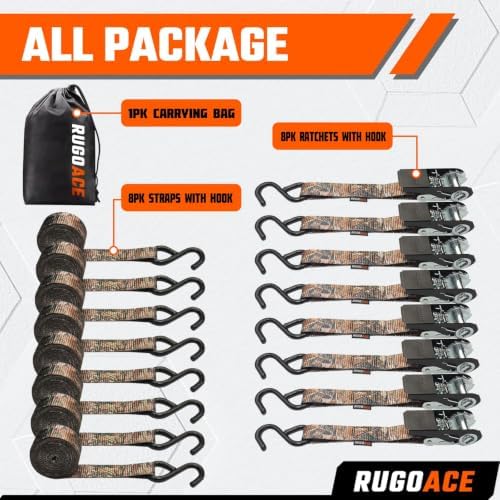 8PK Ratchet Tie Down Straps 1" x 10ft, 300lbs Load Capacity, Camo RUGOACE - Image 5
