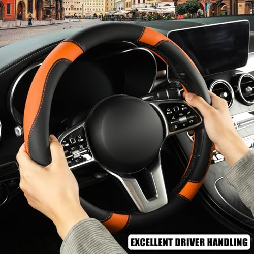 Black Orange Microfiber Leather Steering Wheel Cover 15 inch - Image 5