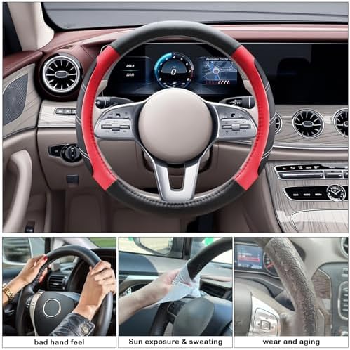Black and Red Line Punching Car Steering Wheel Cover, Microfiber Leather Sports - Image 3