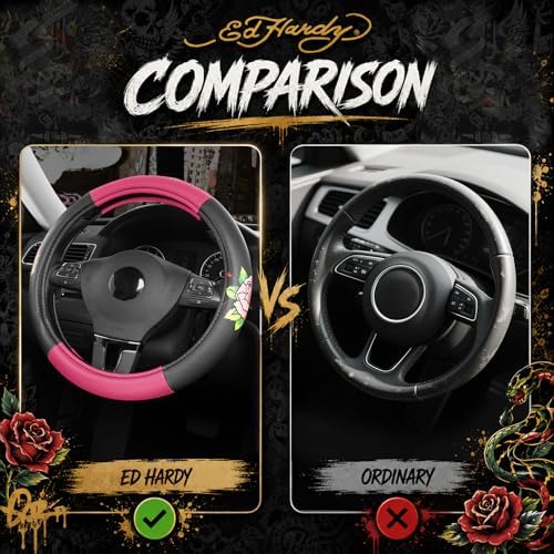 ED HARDY Tiger Print Steering Wheel Cover, Hot Pink Leather Universal Car - Image 6