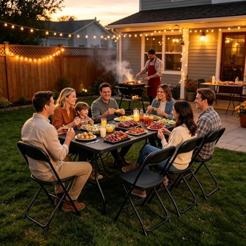 Black 6FT Folding Table with 6 Plastic Folding Chairs - Image 2