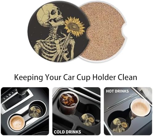 Cup Holder for Car, Skull Embracing A Sunflower Design Ceramic Coasters - Image 6