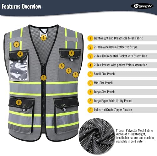 JKSafety Safety Vest for Men Women Hi Vis Reflective Vest JK220 Grey 5XL - Image 4