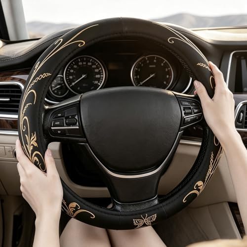 Beige Embroidery Butterfly Car Steering Wheel Cover, 14.5-15 Inch Universal - Image 4