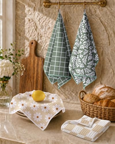 Miss Adola 2pcs Double-Sided Microfiber Kitchen Towels, Grid & Greenery - Image 5