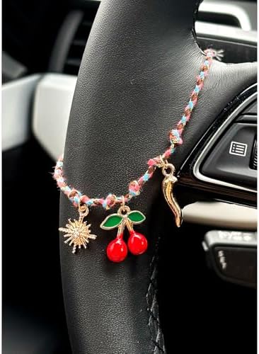 Steering Wheel Charm Accessory Red Cherry Gold Sun Chili Braided Pendant Car by JOYTEZZ