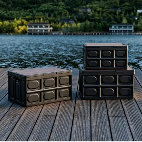 Collapsible Storage Crate with Wood Lid, Stackable Camping Box - Image 6