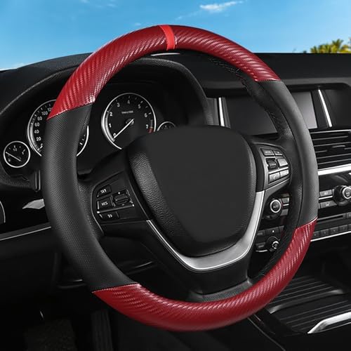 Black & Red Carbon Fiber Leather Steering Wheel Cover, 14.5-15 Inch Non-Slip - Image 2