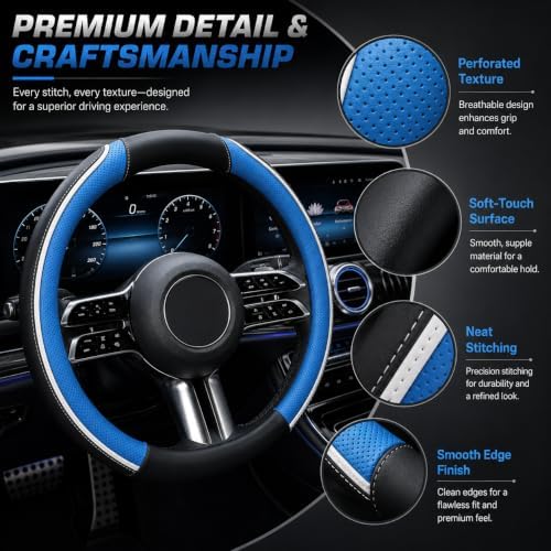 Car Steering Wheel Cover PU Leather Anti-Slip Protector Blue - Image 3