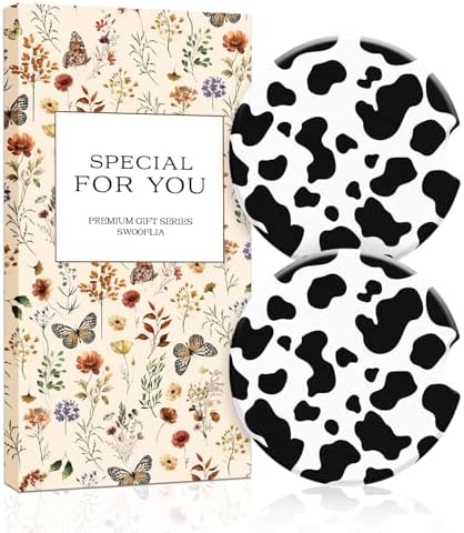 Swooflia Elegant Ceramic Car Coasters Black White Cow Print Car Decor by Swooflia