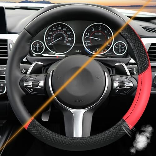 Leather Patchwork Black Red Steering Wheel Cover, 14.5-15 Inch Non-Slip - Image 4