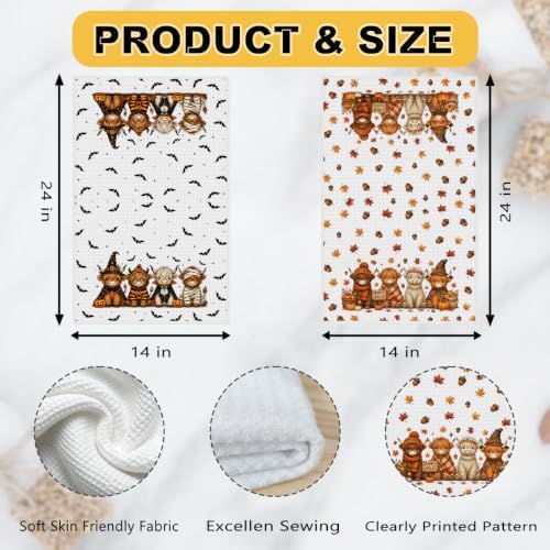 2 Pcs Halloween Kitchen Towels, Highland Cow Soft Absorbent Hand Tea Towels - Image 3