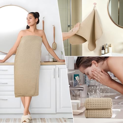POLYTE 430 GSM Poly Blend Microfiber Quick Dry Waffle Bath Towel Set of 6 - Image 5