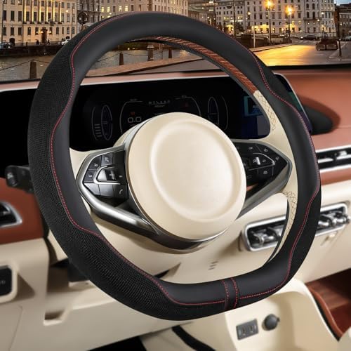 Nappa Leather Black D Shaped Steering Wheel Cover 14 inch - Image 2