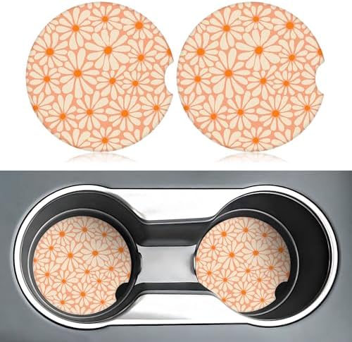 Orange Floral Car Coasters for Cup Holders, 2 Pack Car Cup Holder Coasters for - Image 2