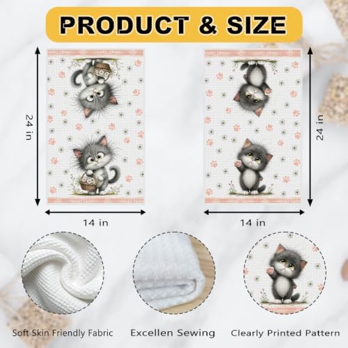 2 Pcs Cute Cat Kitchen Towels, Cat Theme Soft Absorbent Hand Tea Towels 04 - Image 3