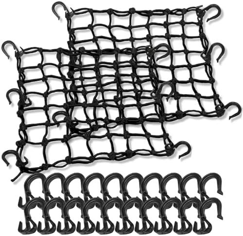 2 Pack 15"X15" Motorcycle Cargo Net Stretches to 30"x30", Total 20 Hooks by TKKEUEP