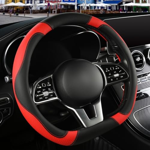 Black Red Microfiber Leather D Shaped Steering Wheel Cover - Image 2