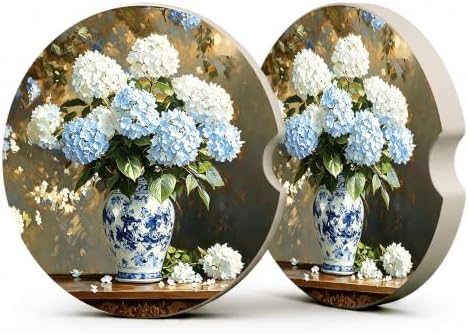 Blue White Chinoiserie Hydrangea Car Coasters, Retro Floral Cup Holders by Unknown