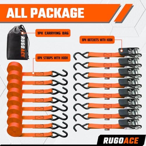 Ratchet Tie Down Straps 1 in x 10 ft 900 lbs Break Limit 8PK Orange RUGOACE - Image 5