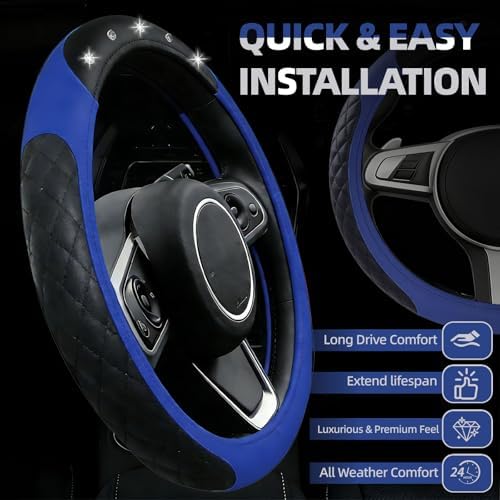 NBTEPEM 6 PCS Bling Blue Car Accessories Set, Leather Blue Steering Wheel - Image 2
