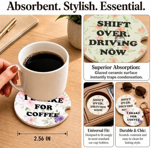 Funny Coffee Lover Car Coasters, Colorful Girly Floral Cup Holders - Image 3