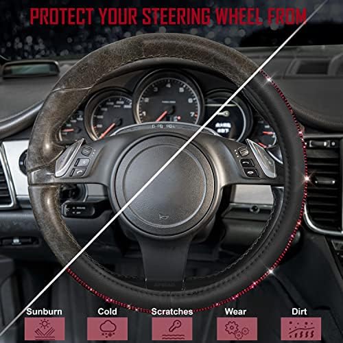 CAR PASS Red Diamond Black Leather Steering Wheel Cover, - Image 6