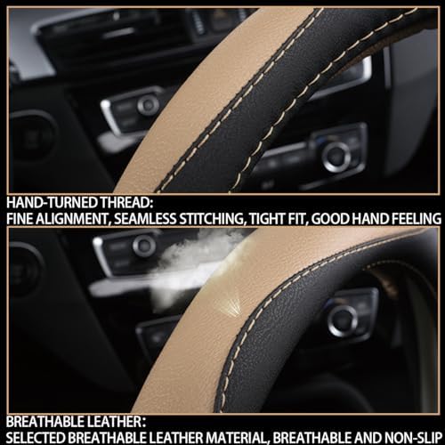 BESULEN 15 Inch Steering Wheel Cover Soft Leather Protector Black/Beige - Image 5