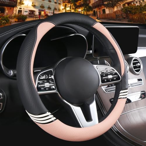 Small 14 inch Cute Leather Steering Wheel Cover Black and Pink by Binsheo