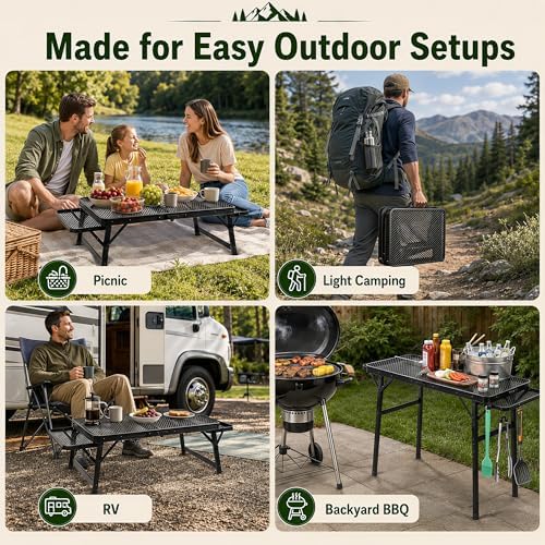 2.5 FT Picnic Table with 2 Wing Panels, Mesh Metal Folding Grill Table Height - Image 6