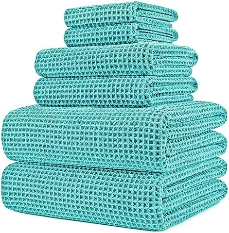 POLYTE 430 GSM Poly Blend Microfiber Quick Dry Waffle Bath Towel Set of 6 by Polyte