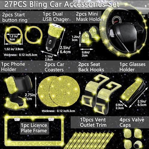 NBTEPEM 27 PCs Yellow Bling Car Accessories Set - Image 3
