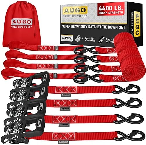 AUGO Heavy Duty Ratchet Straps & Soft Loops – Pack of 4 Extra Strong 1.5” by by AUGO