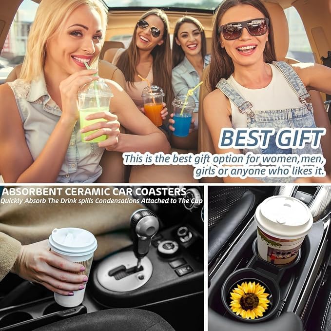 Cup Holder for Car, Elegant Sunflower Close-Up Print Ceramic Coasters Non-Slip - Image 5