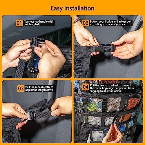 Car Ceiling Cargo Net with 3 Pockets, 31.5"x21.6" Car Overhead Storage Mesh - Image 6