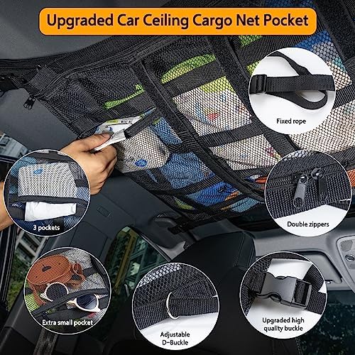 Car Ceiling Cargo Net with 3 Pockets, 35.4"x23.6" Car Overhead Storage Mesh - Image 7
