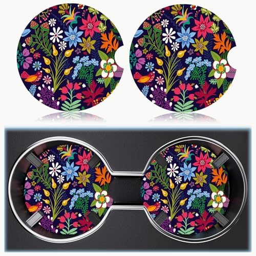 Ceramic Car Cup Holder Coasters Set of 2, 2.56 in Tropical Flowers - Image 6