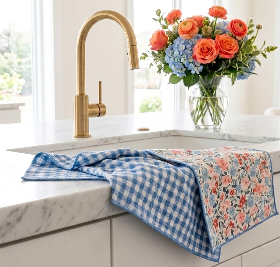 Blue and Pink Floral Kitchen Towels, Waffle Weave Microfiber, 2 Pack - Image 2