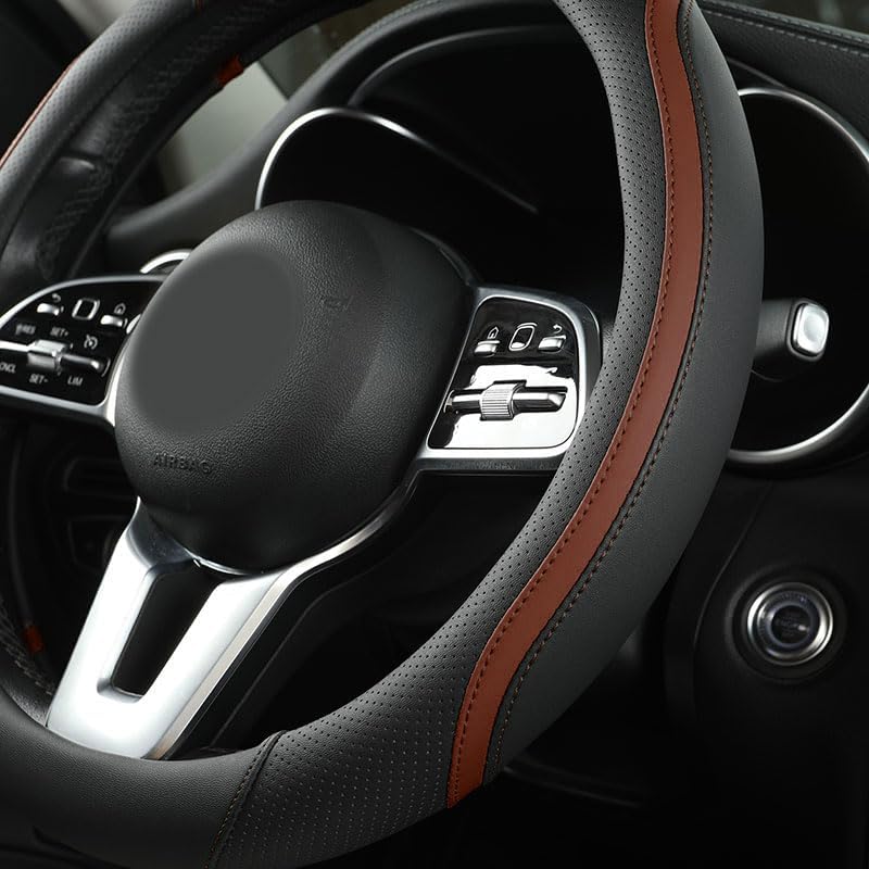 Szttswamp Car Steering Wheel Cover, Microfiber Leather Brown 14.5-15 Inch - Image 2