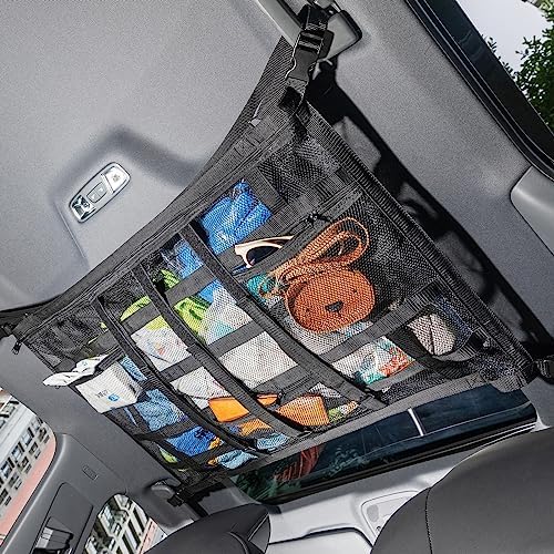 Car Ceiling Cargo Net with 3 Pockets, 31.5"x21.6" Car Overhead Storage Mesh by bespeur