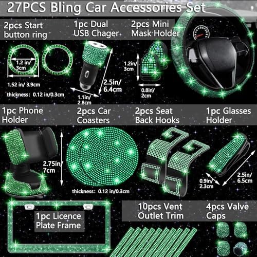 NBTEPEM 27 PCs Green Bling Car Accessories Set - Image 2