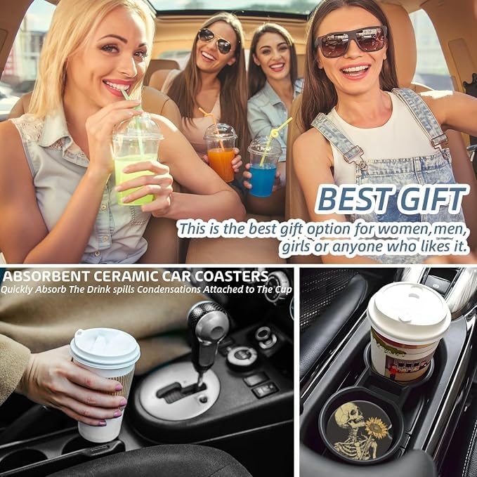 Cup Holder for Car, Skull Embracing A Sunflower Design Ceramic Coasters - Image 5